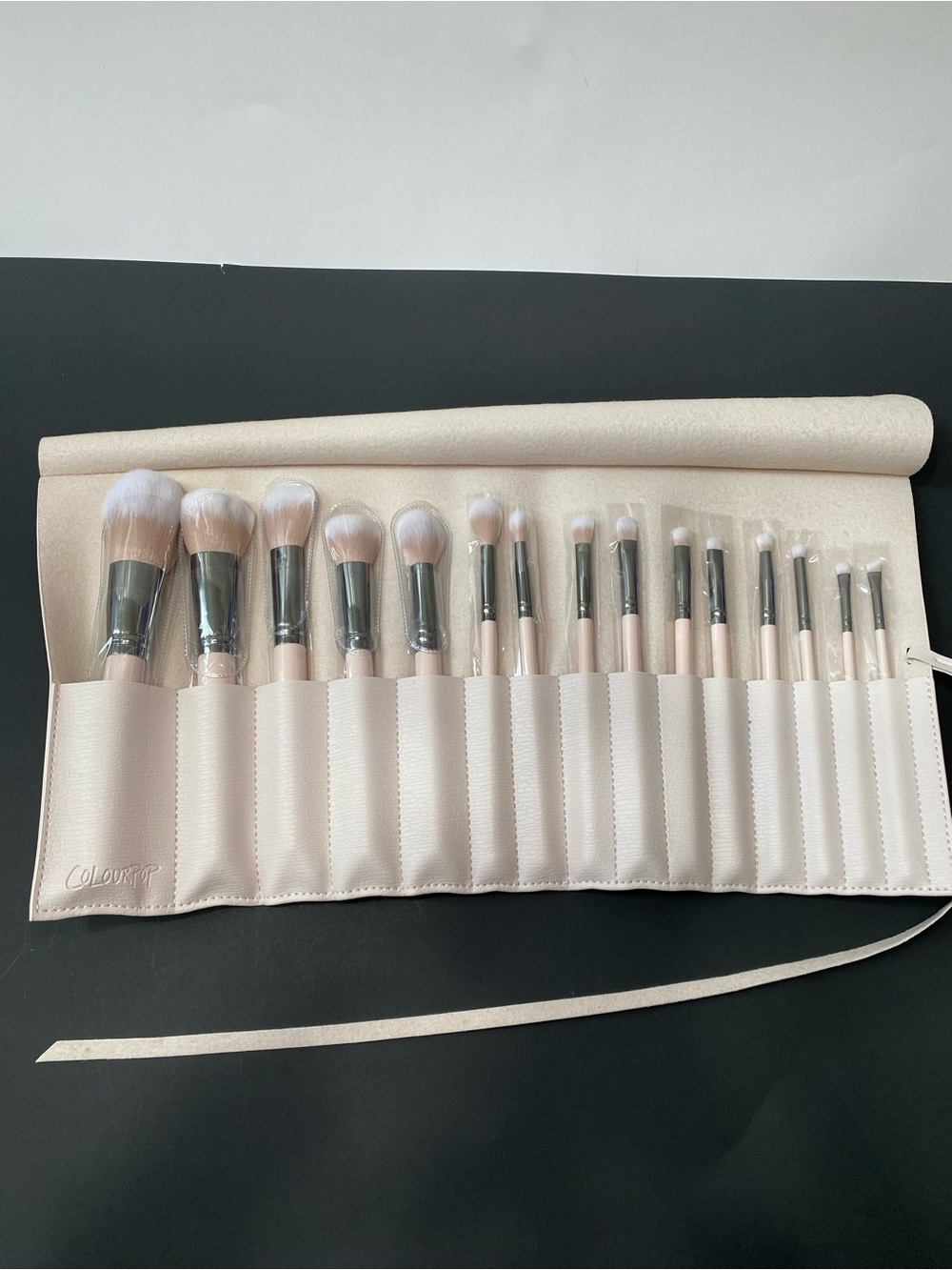 ColourPop Pale Pink 15-Piece Makeup Brush Set with Roll Case